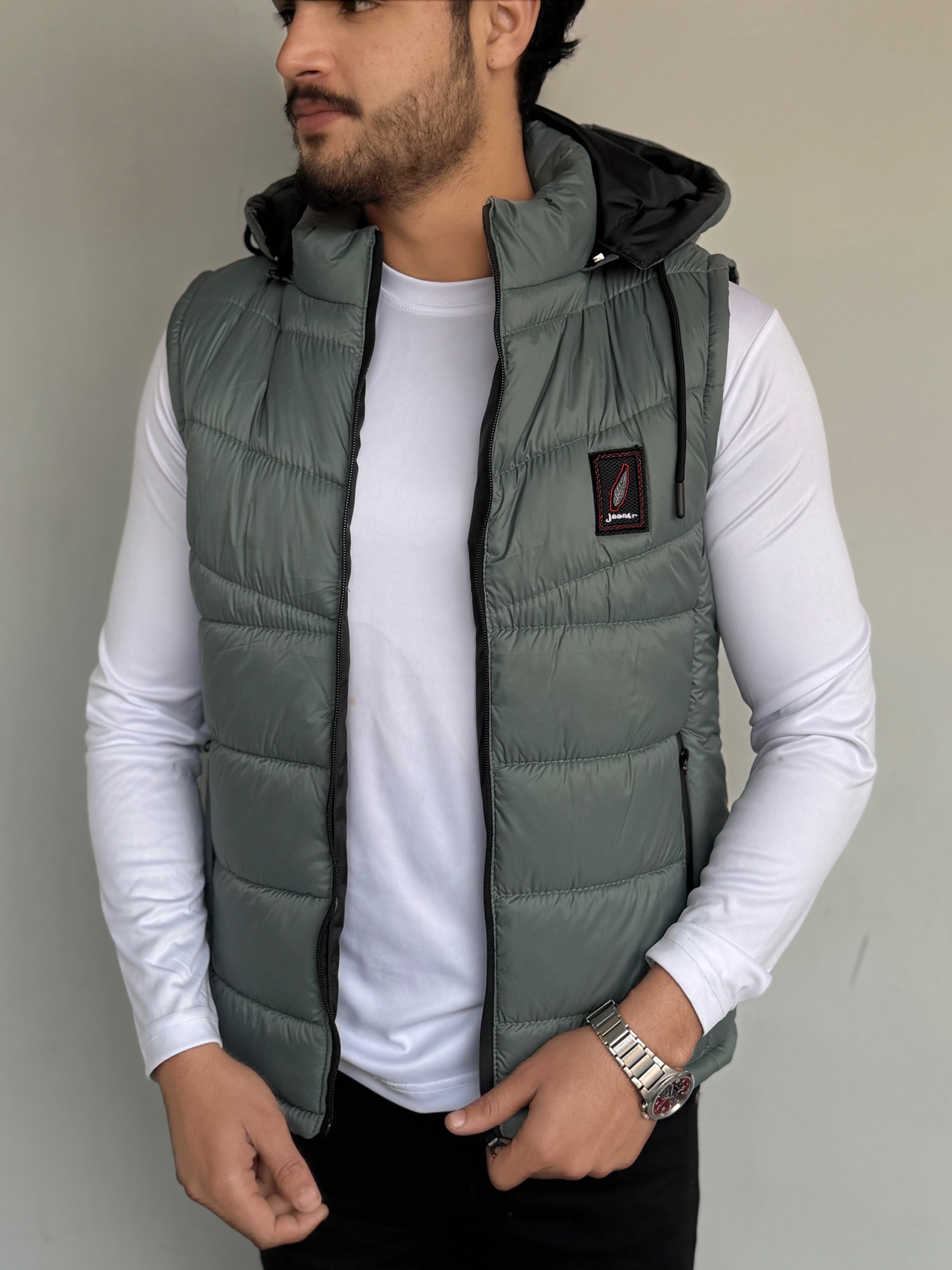 SLEEVLESS REMOVABLE & DETACHABLE JACKET-OLIVE GREEN